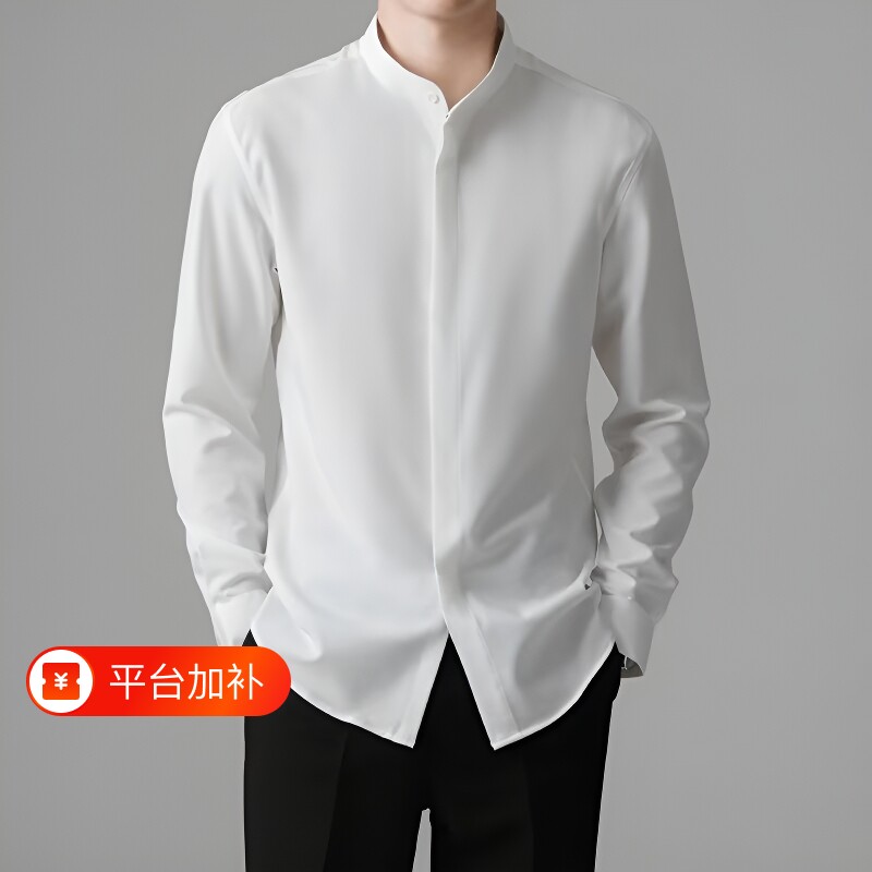 XINIYADK制服中山装校服白衬衫男新中式立领西装衬衣长袖黑色