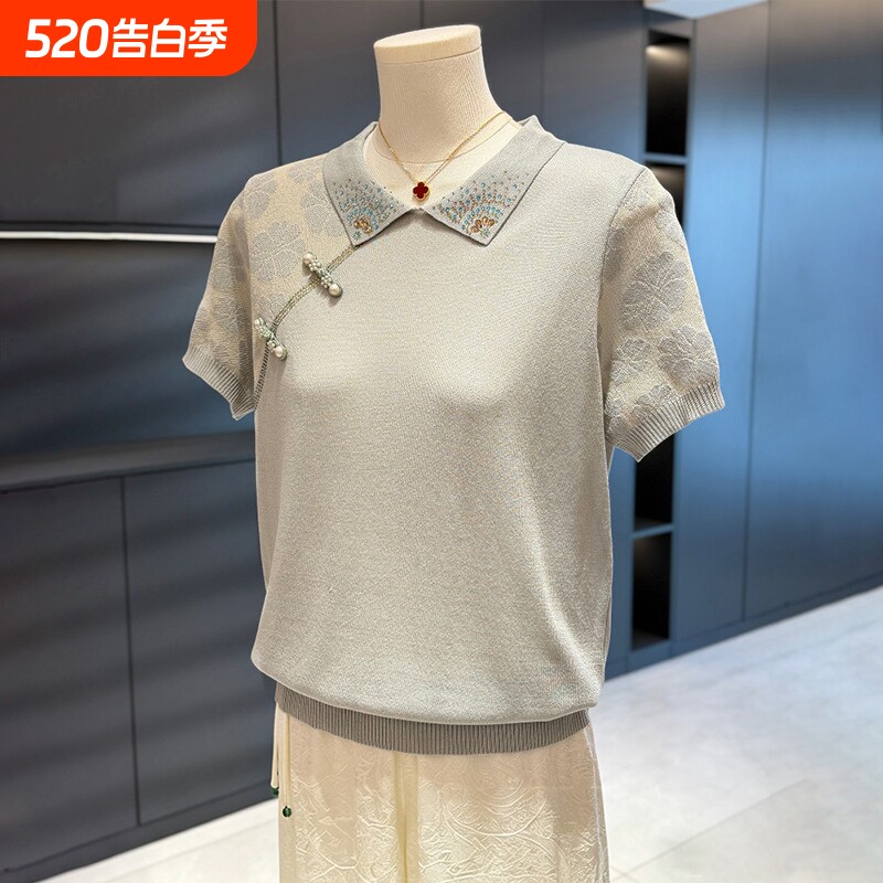 母亲节礼物妈妈装针织衫女短袖夏装新款上衣减龄洋气中老年T恤衫
