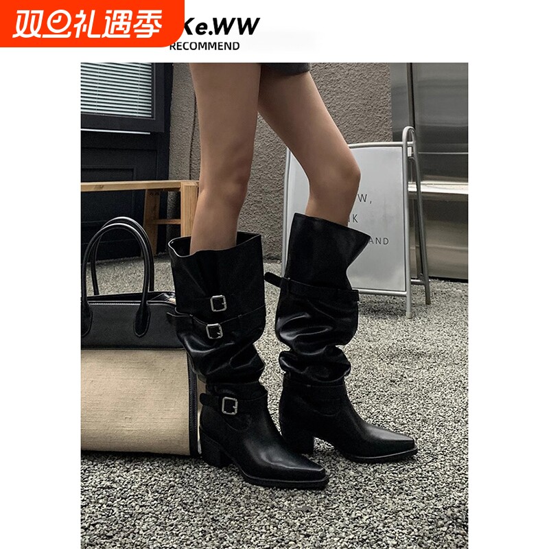 2025秋冬新款大筒围堆堆靴粗跟尖头骑士靴辣妹宽筒长靴高跟黑色