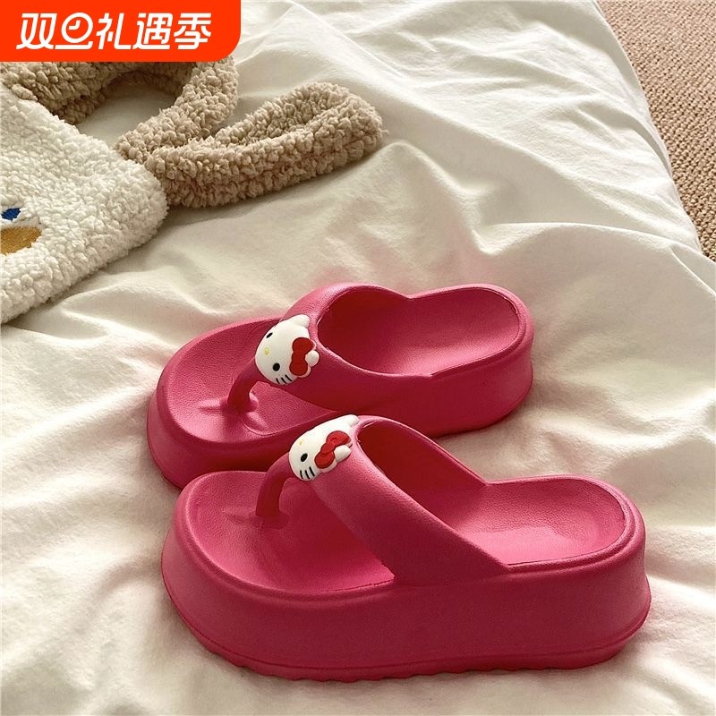 可爱小猫咪6cm厚底夹趾鞋女KT猫小众ins增高外穿防滑人字拖鞋