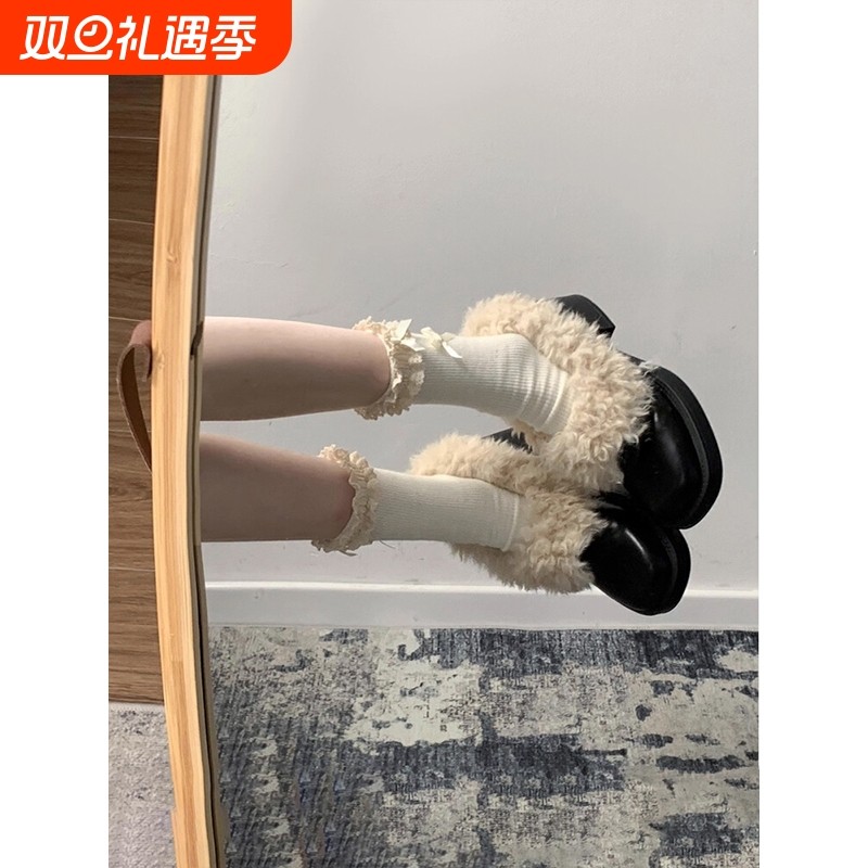 黑色粗跟小皮鞋女2025新款秋冬加绒保暖毛毛鞋玛丽珍一脚蹬高跟鞋