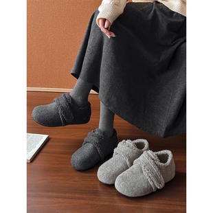 呢子灰色保暖魔术贴加绒棉勃肯鞋 新款 女外穿冬季 3CM内增高毛毛鞋