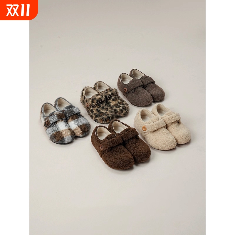 加绒毛毛鞋女款2025年秋冬季保暖魔术贴棉鞋羊羔毛包跟软底勃肯鞋