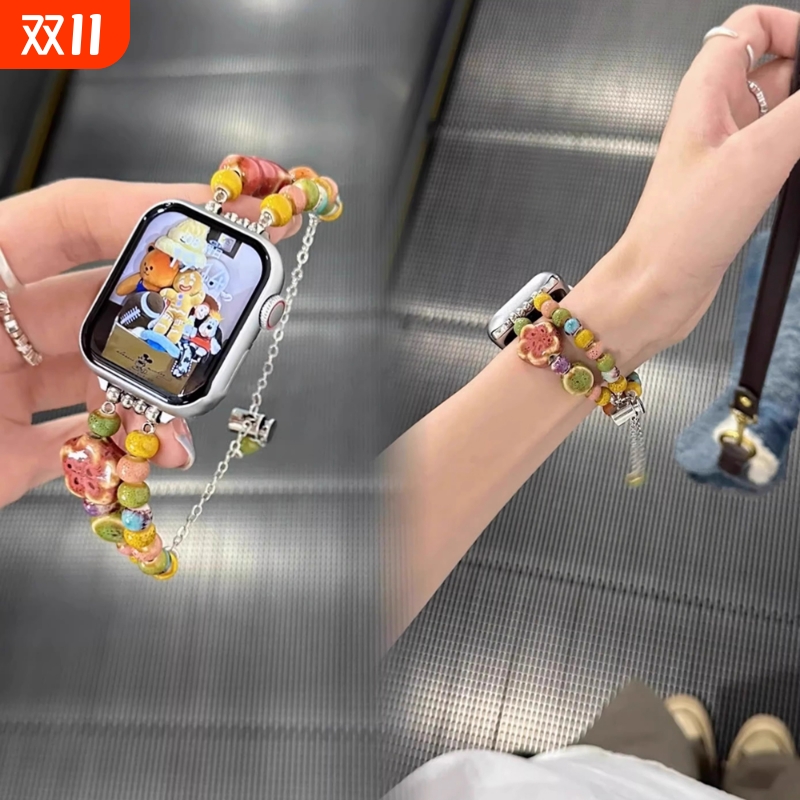 夏日陶瓷花朵新款适用华为fit3表带fit4米兰4Pro金属链watchfit2可爱高级智能手表三四代专用替换带夏透气