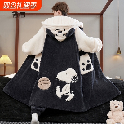 珊瑚绒秋冬季加绒加厚连帽睡袍男