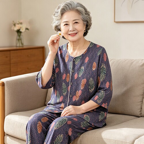 老年人睡衣妈妈夏季纯棉绸两件套
