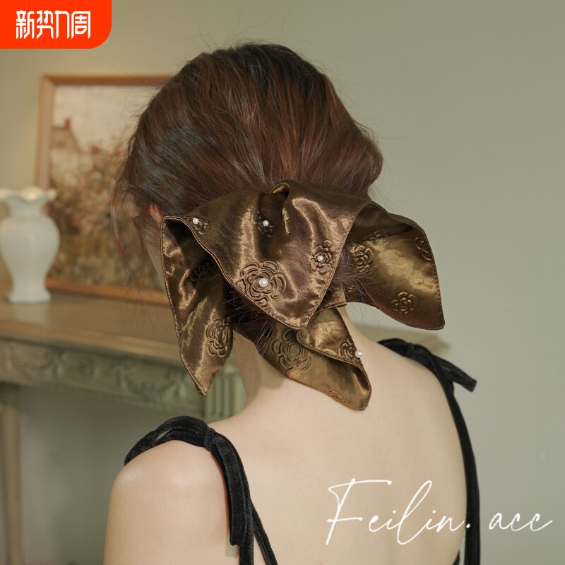 妃琳法式复古珍珠方巾发圈高级感丸子头半扎发方形头绳发绳独特