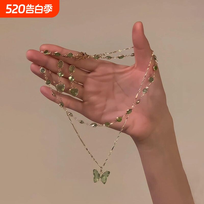 「森林精灵」薄荷曼波双层绿色蝴蝶项链叠戴高级感设计轻奢锁骨女