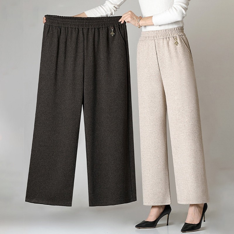 胖妈妈秋冬装休闲加绒直筒裤中老年女加肥大码宽松阔腿裤高腰长裤