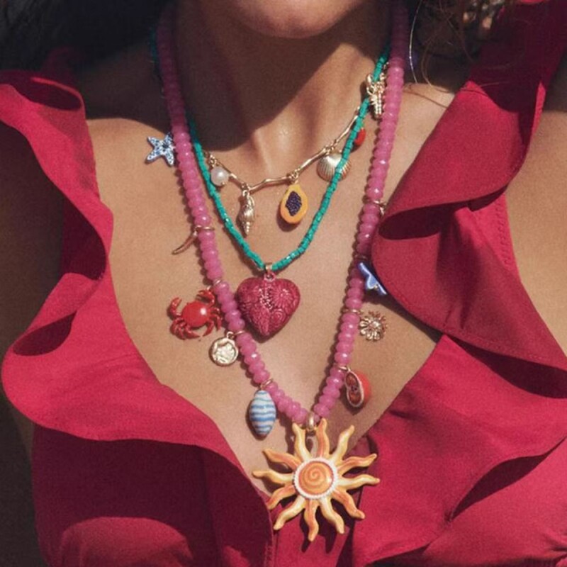 波西米亚海洋风项链度假太阳爱心吊坠手工串珠锁骨链饰品女多巴胺