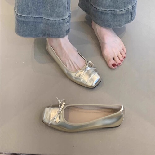 羊皮版~法式小香风蝴蝶结浅口芭蕾单鞋女百搭方头温柔平底奶奶鞋