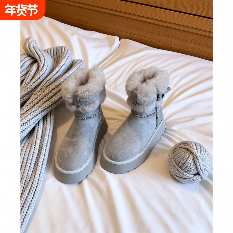 5CM增高厚底雪地靴女复古皮毛一体短靴冬季加绒保暖东北毛毛棉鞋,女鞋,时尚雪地靴,淘宝优惠券,粉丝福利购,淘宝优惠卷
