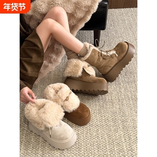 贾不假雪地靴女款2025新款秋冬季加绒保暖棉靴棉鞋白色中筒卡其色