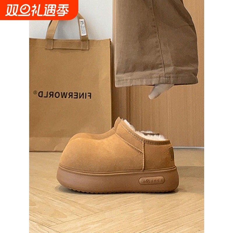 丑萌大头包头半拖鞋女冬雪地靴2025新款加绒加厚保暖毛毛棉鞋防水