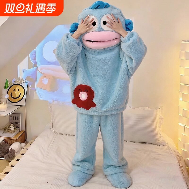 搞怪汉顿丑鱼连体睡衣男女情侣珊瑚绒加厚保暖秋冬季家居服套装潮