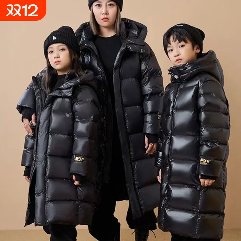 鸭鸭中长款羽丝绒丝服冬季黑金儿童保暖防寒服男女童过膝加厚羽绒