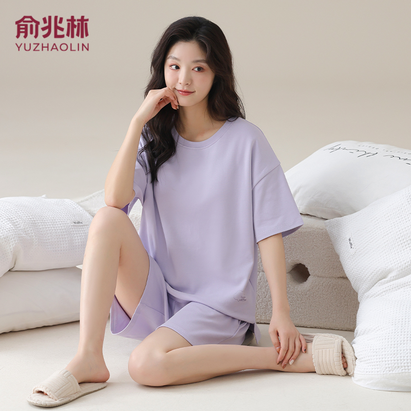 俞兆林可外穿睡衣女夏季短袖长裤家居服女生夏天纯棉运动套装短裤