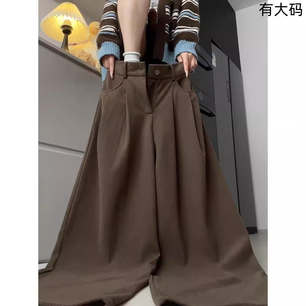 美拉德棕色灯芯绒阔腿裤女款大码秋冬加绒加厚胖mm休闲慵懒风裤子