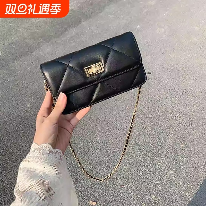 新款小香风黑色小方包女高级感手机包迷你小包单肩斜挎菱格链条包