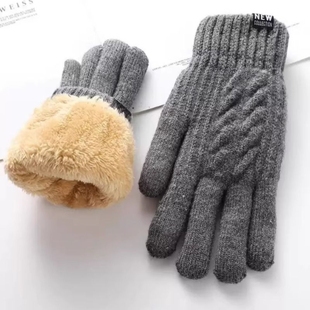 棉手套男冬季 毛线加绒加厚老人防寒骑车保暖手套冬天女双层触屏