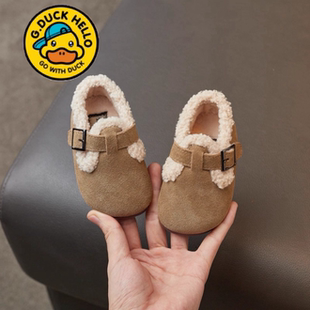 保暖鞋 婴儿软底1一3岁加绒公主鞋 防滑 冬季 小黄鸭真皮女宝宝棉鞋