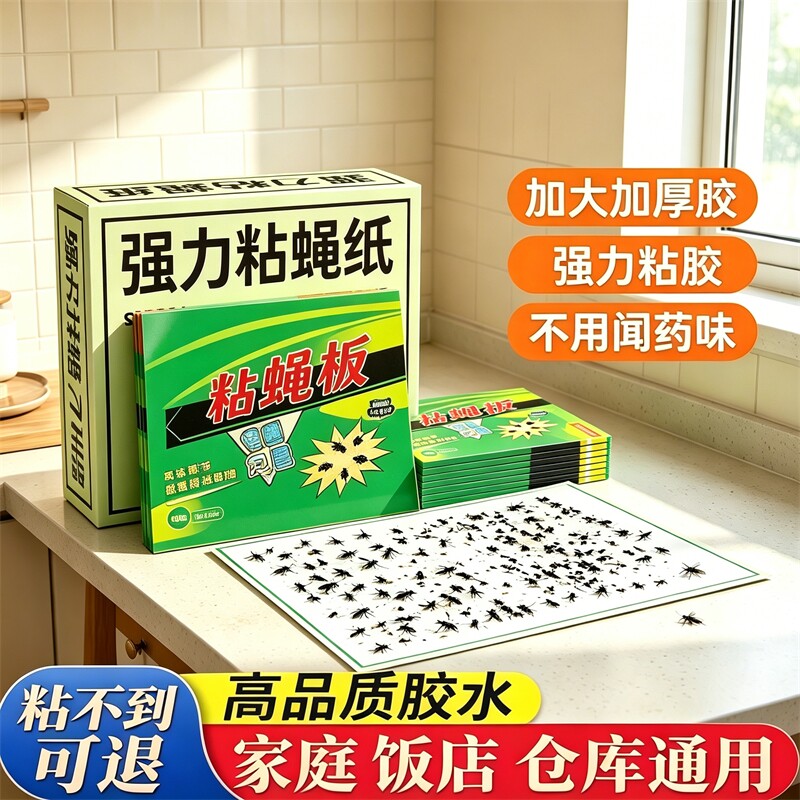 苍蝇贴强力粘蝇纸板自带诱饵蝇捕捉神器餐厅家用饭店加厚灭蚊室内