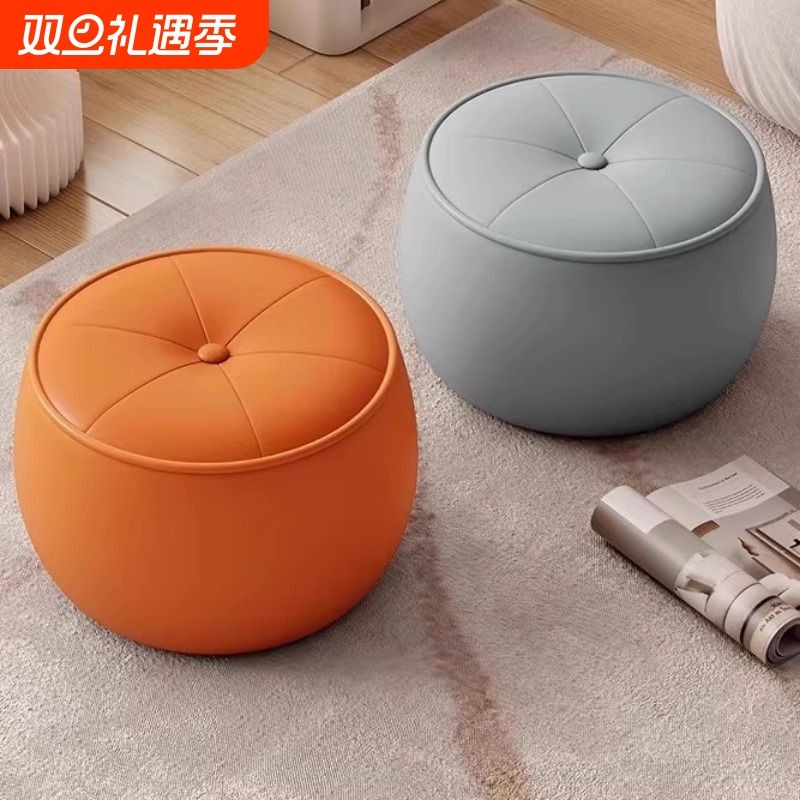 门口换鞋凳轻奢实木圆凳皮质家用矮凳客厅凳子沙发茶几南瓜凳久坐