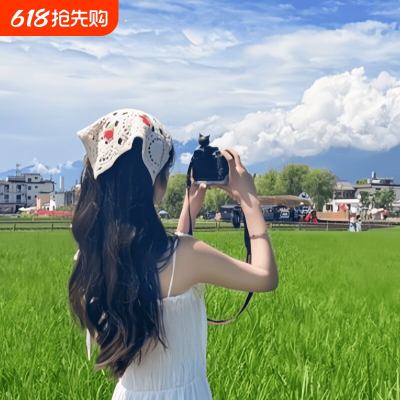 复古针织头巾手工多巴胺三角巾海边出游甜美可爱钩花田园风女头饰