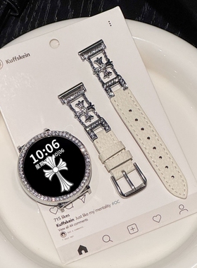 适用华为手表gt6/gt5表带gt4女士表链新款gt3腕表真皮watch4pro手表带荔枝纹镶钻十字架荣耀4pro可爱高级男