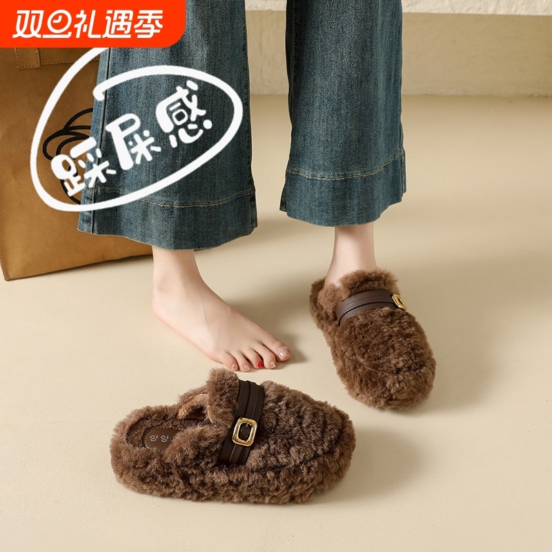 羊羔毛厚底勃肯包头毛毛拖鞋女2025新款秋冬一脚蹬毛绒棉拖鞋34