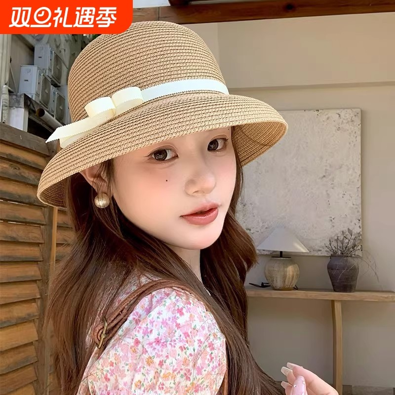 高品质版赫本风草帽子女2025新款夏季遮阳防晒渔夫帽盆帽礼帽百搭