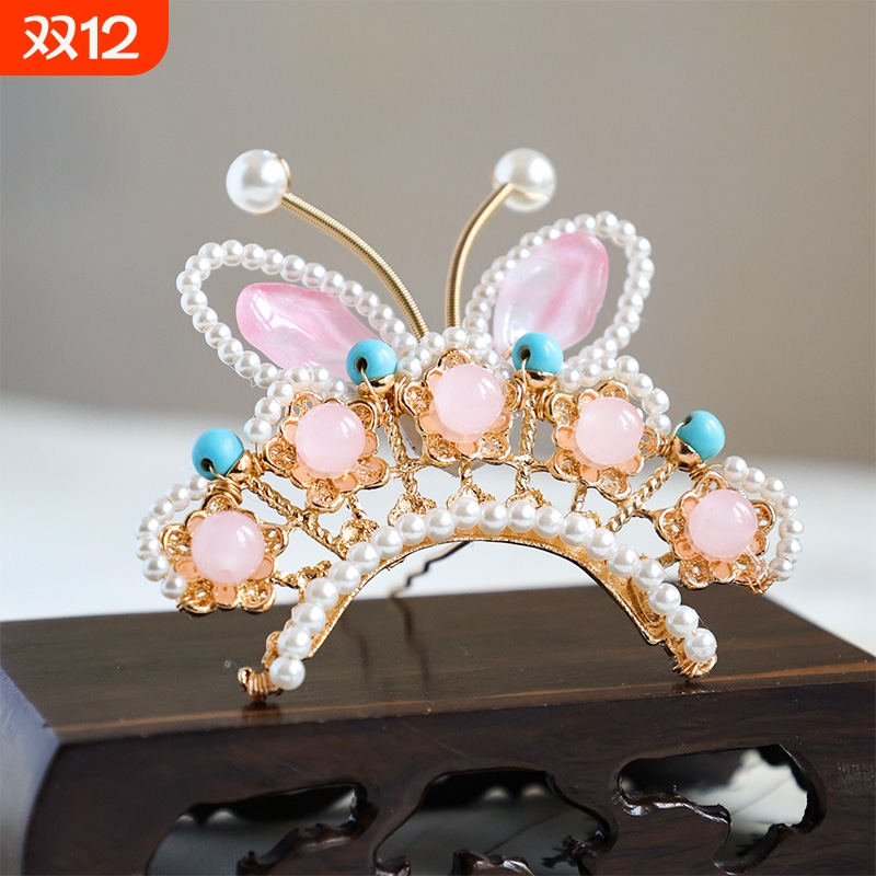 小唐风兔子发冠可爱甜美汉服蝴蝶古风汉服发饰儿童中秋妆造头配饰