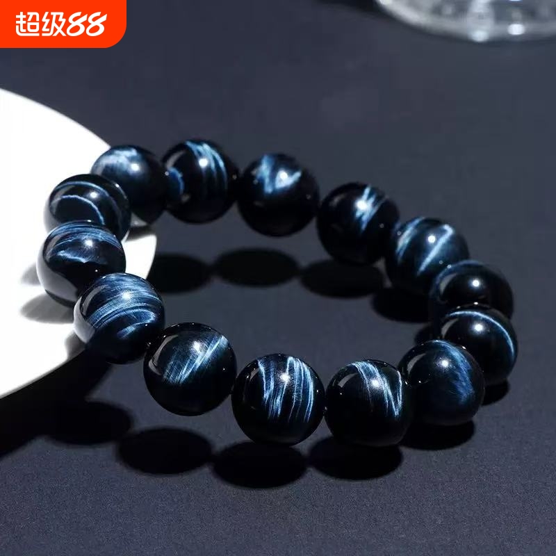 蓝虎眼石水晶手链蓝色圆珠手串
