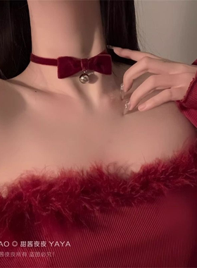丝绒铃铛项圈女蝴蝶结choker圣诞节项链颈环颈带红色颈链过年喜庆