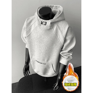 白花灰刺绣半高领卫衣男女春秋加绒连帽运动休闲外套灰色美式黑色