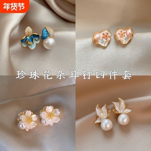 珐琅滴釉不对称耳环高级感镶钻树叶珍珠耳钉女2025爆款中式宫廷风