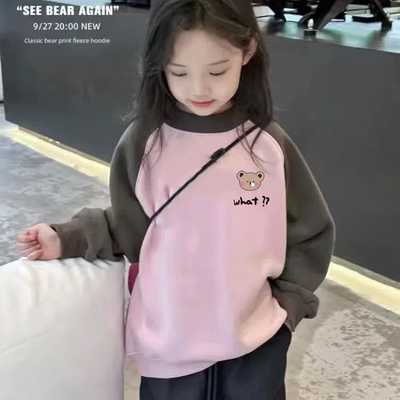 女童纯棉加绒卫衣春秋季2025新款儿童长袖童装宽松撞色上衣印花B