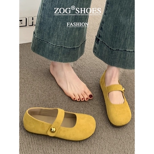黄色勃肯鞋女2025新款春秋季单鞋平底玛丽珍女鞋子复古豆豆鞋浅口