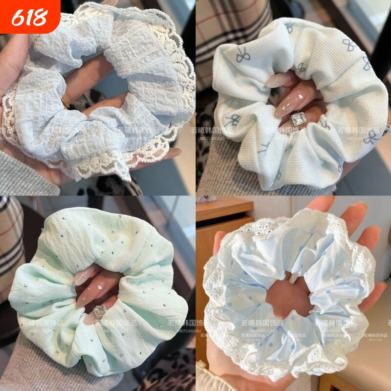 甜美蓝色系蕾丝发圈超仙少女百搭大肠发圈韩版蝴蝶结马尾扎头发饰