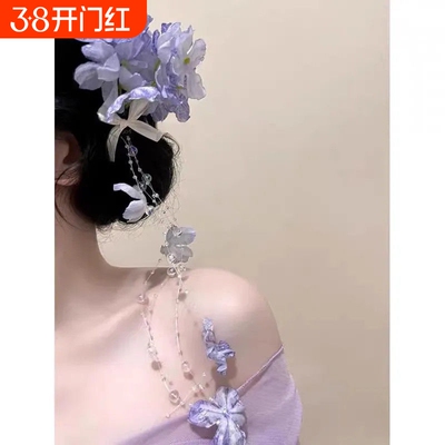 新中式紫藤花绣球花流苏发夹夏天复古花朵侧边夹发饰女高级感头花