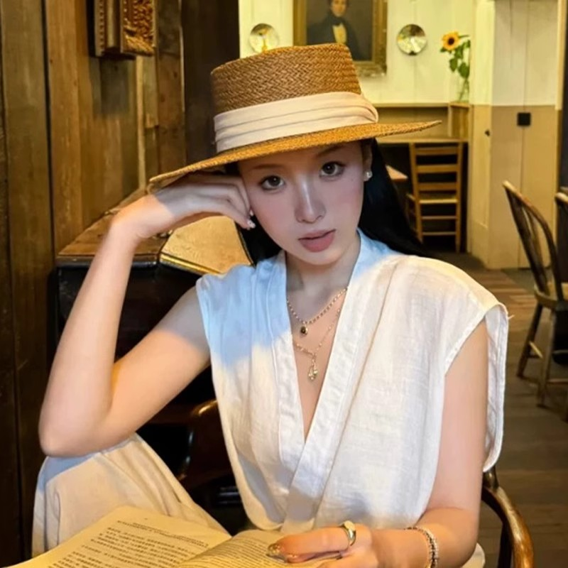 老钱风复古平顶草帽女夏季海边沙滩遮阳帽防晒太阳帽子草编礼帽