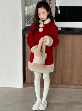 女童套装秋冬季拜年服毛呢两件套