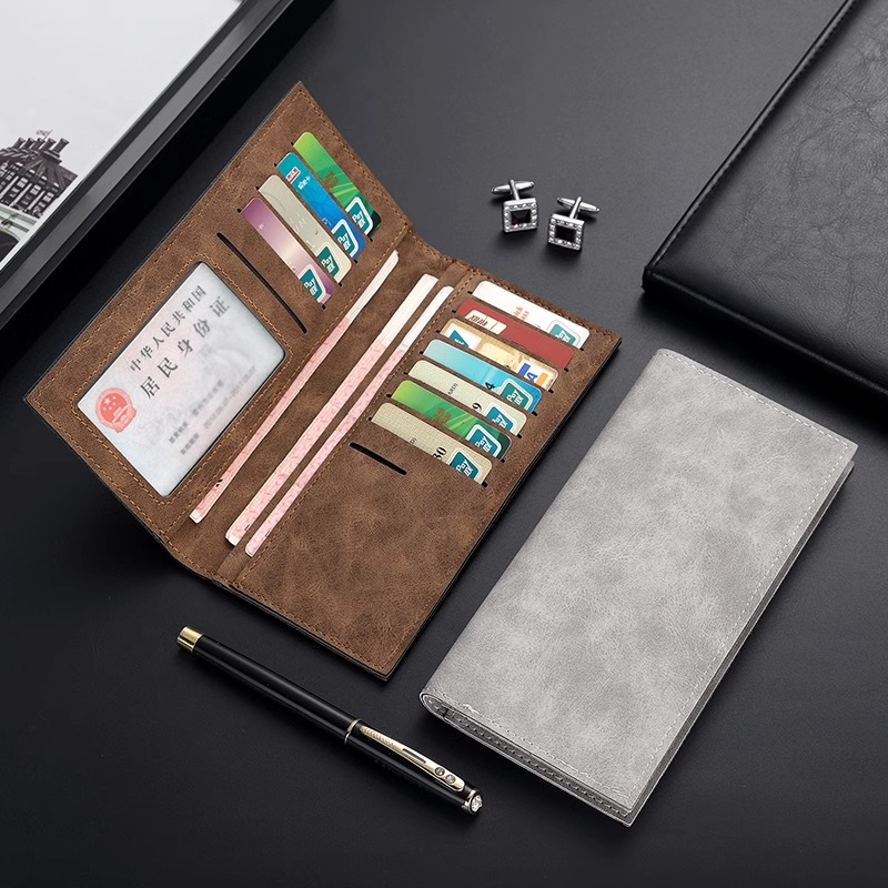 简约纯色钱包男薄款长款多卡位休闲皮夹卡包学生复古钱夹大容量