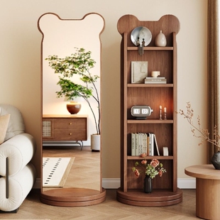 小熊书架旋转穿衣镜全身镜落地镜杂志镜报刊书架一体镜储物试衣镜