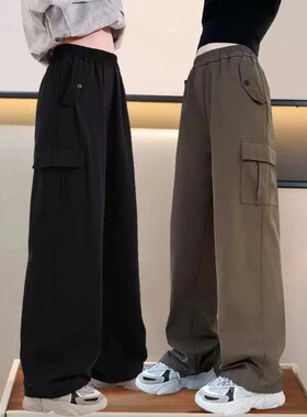 春秋新款女童裤子中大童女孩运动长裤直筒阔腿工装裤黑色紫色流行
