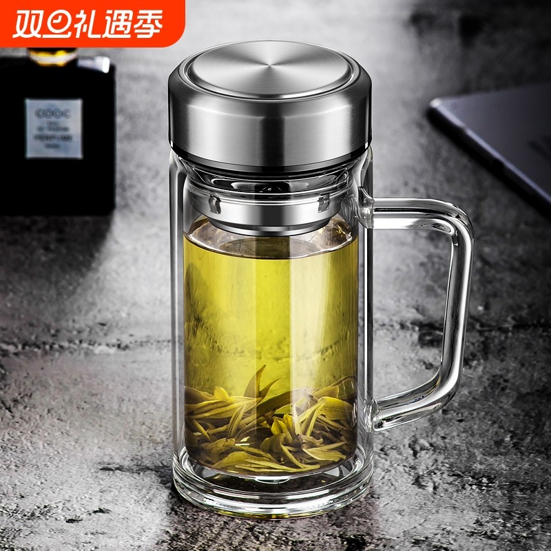 双层玻璃杯带把家用喝水杯男大容量泡茶杯带盖杯子防爆把手高硼硅