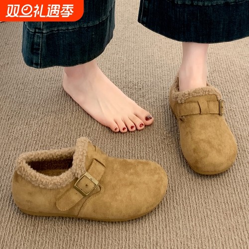 加绒勃肯鞋女2025新款秋冬季豆豆乐福鞋子毛毛棉鞋保暖低帮雪地靴