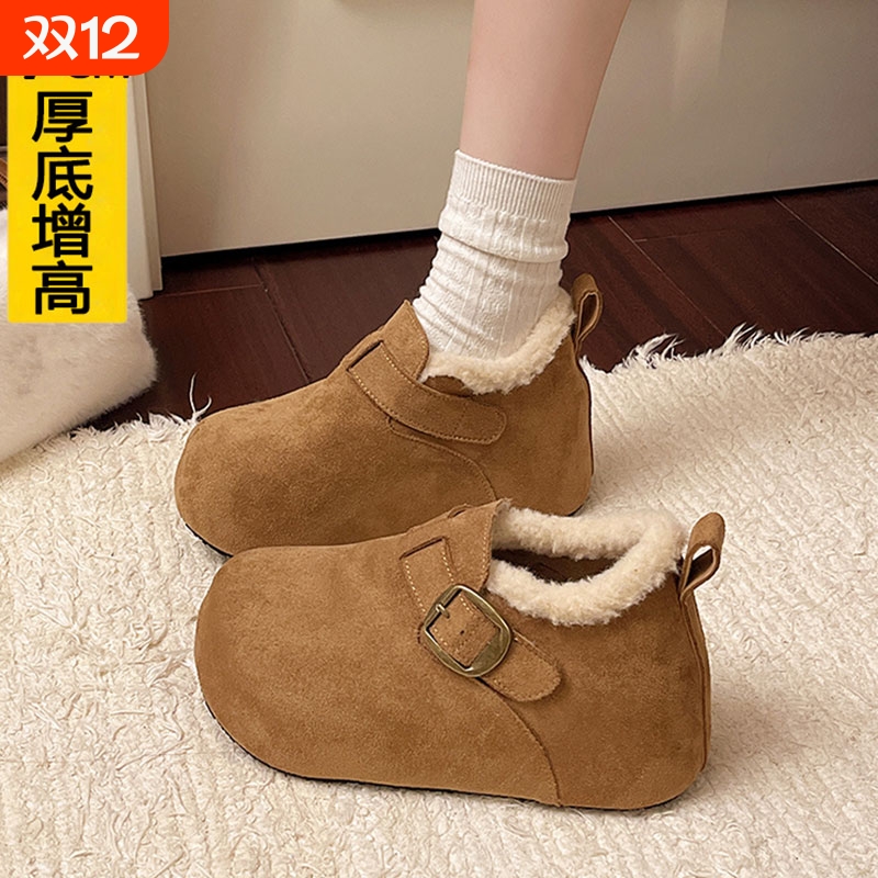 厚底内增高7CM小个子加绒勃肯鞋女2025冬季乐福鞋保暖雪地靴棉鞋
