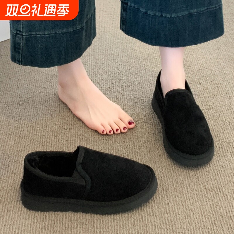 黑色毛毛勃肯鞋女雪地靴2025新款冬季爆款加绒保暖豆豆鞋棉鞋平底