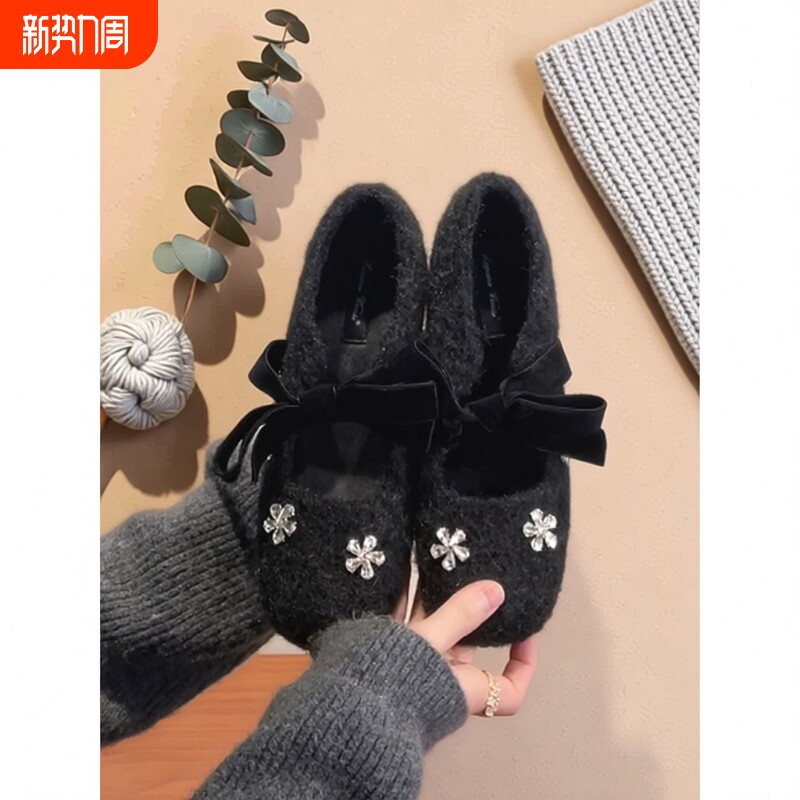羊毛版~法式毛绒玛丽珍鞋女豆豆鞋内增高毛呢单鞋鞋子灰色圆头